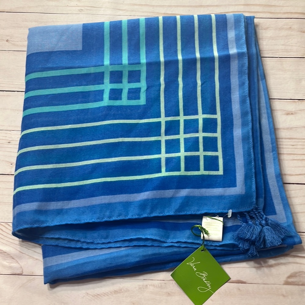 🌻 NWT Vera Bradley Blue Tonal Stripe Square Scarf Geometrical Blue Green Tassels